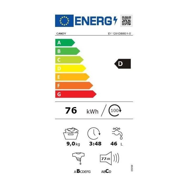 Lave-linge hublot CANDY EY1291DBBE/1-S - 9kg - L60 cm - 1200 trs/min -