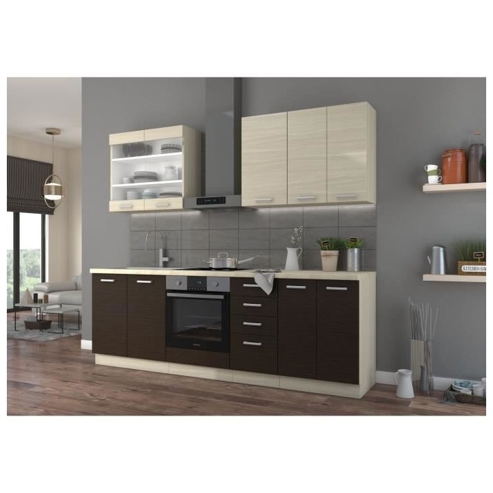 CHAMONIX Cuisine complete - Mélamine décor chene foncé - L 240 x P