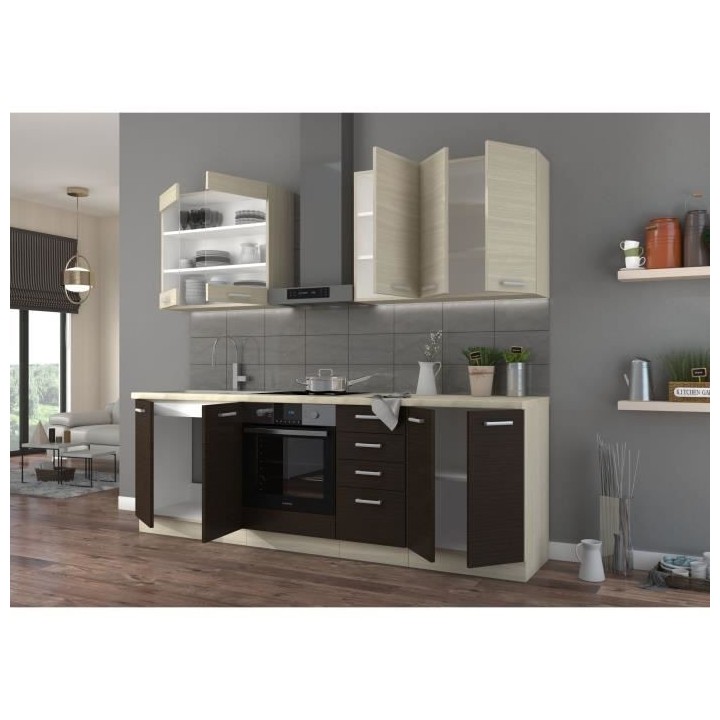 CHAMONIX Cuisine complete - Mélamine décor chene foncé - L 240 x P