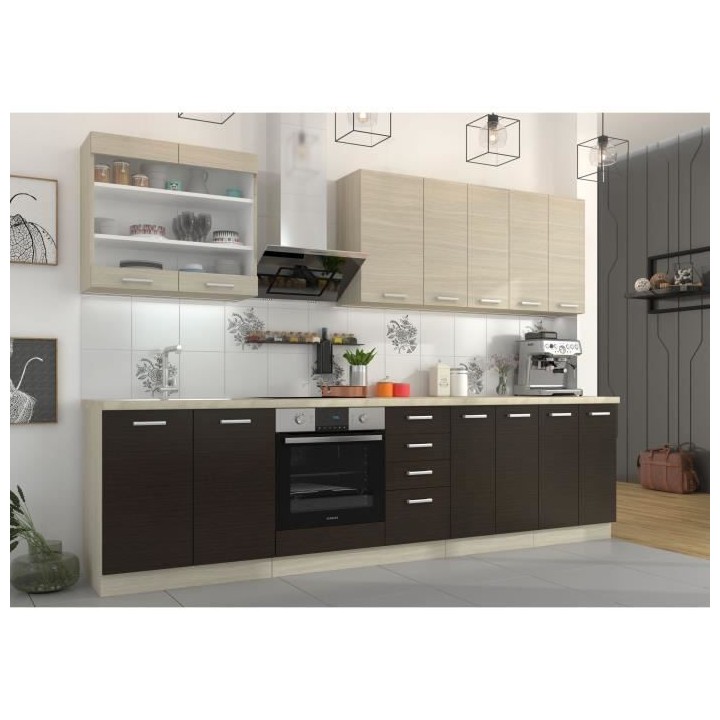 CHAMONIX Cuisine complete - Mélamine - Décor chene foncé - L 300 x