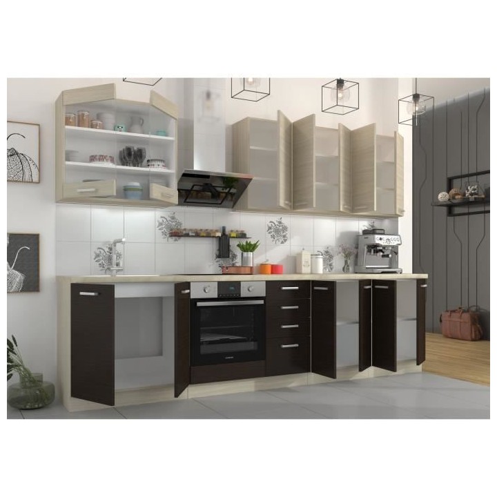 CHAMONIX Cuisine complete - Mélamine - Décor chene foncé - L 300 x