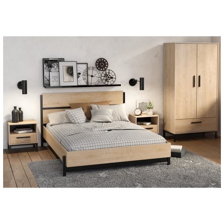 Ensemble lit adulte CRAFT 140x190/200 cm - 2 chevets + armoire - Méla
