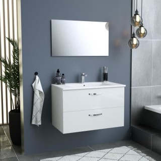 Meuble salle de bain + Vasque + Miroir - 2 tiroirs - Blanc - L 80 cm -
