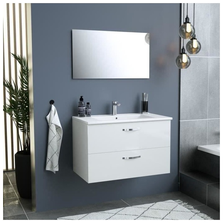Meuble salle de bain + Vasque + Miroir - 2 tiroirs - Blanc - L 80 cm -