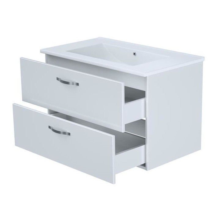 Meuble salle de bain + Vasque + Miroir - 2 tiroirs - Blanc - L 80 cm -