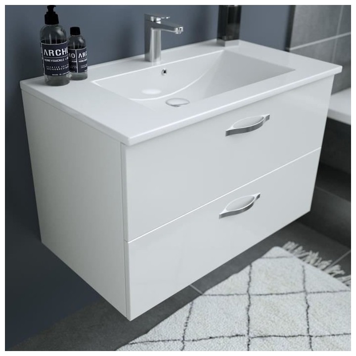 Meuble salle de bain + Vasque + Miroir - 2 tiroirs - Blanc - L 80 cm -