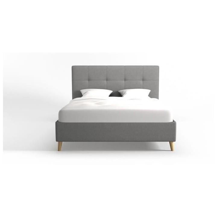 Lit adulte HYLKIO 140x190 cm - Tissu Gris - Tete de lit