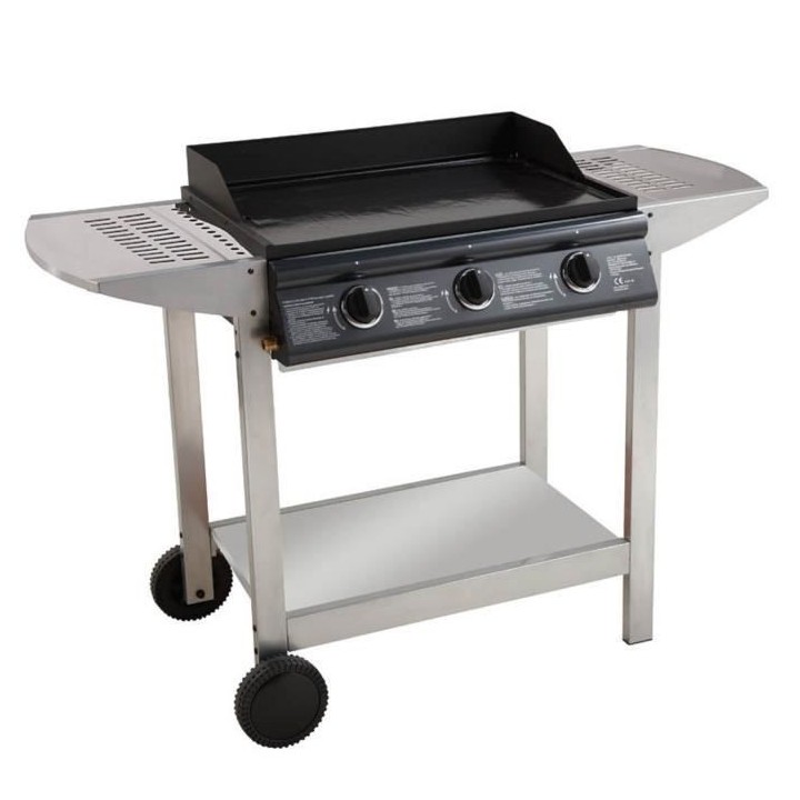 Plancha a gaz - 3 feux - Sur Chariot - Fonte émaillé - Surface de cu