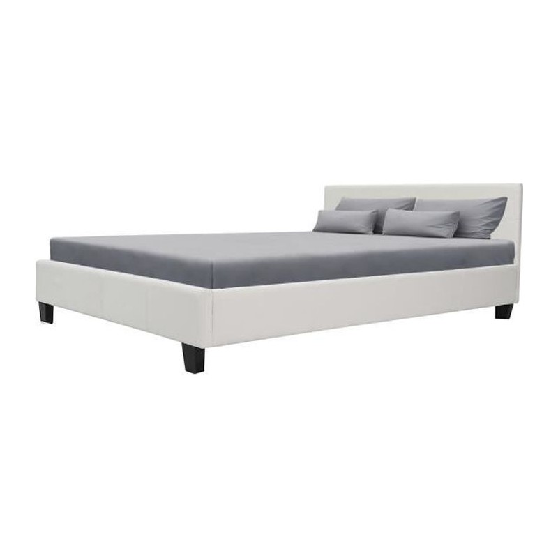 KANSAS Lit adulte 160x200 cm - Simili blanc - Sommier inclus