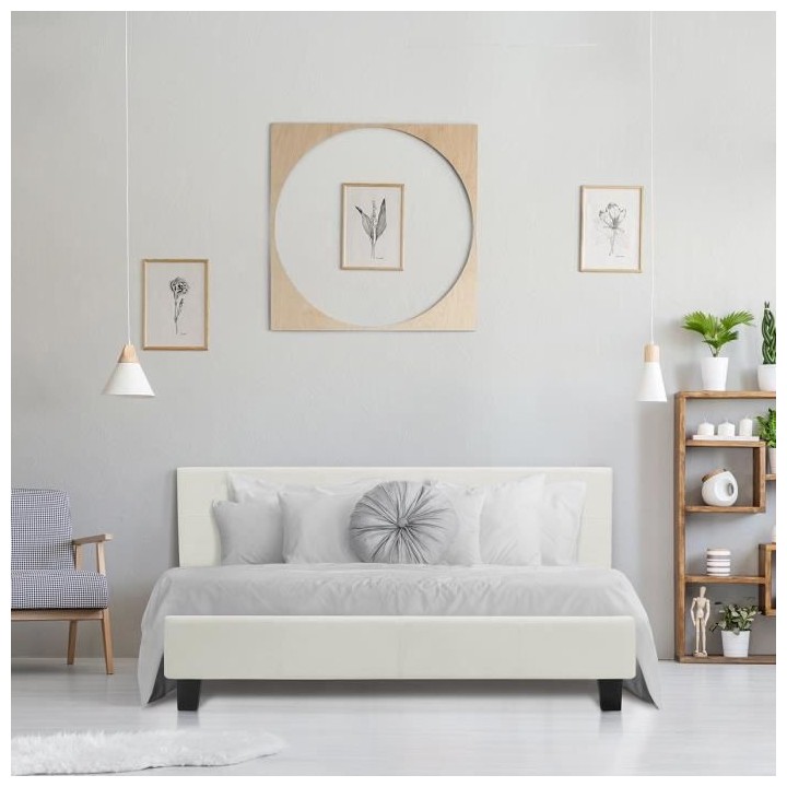 KANSAS Lit adulte 160x200 cm - Simili blanc - Sommier inclus