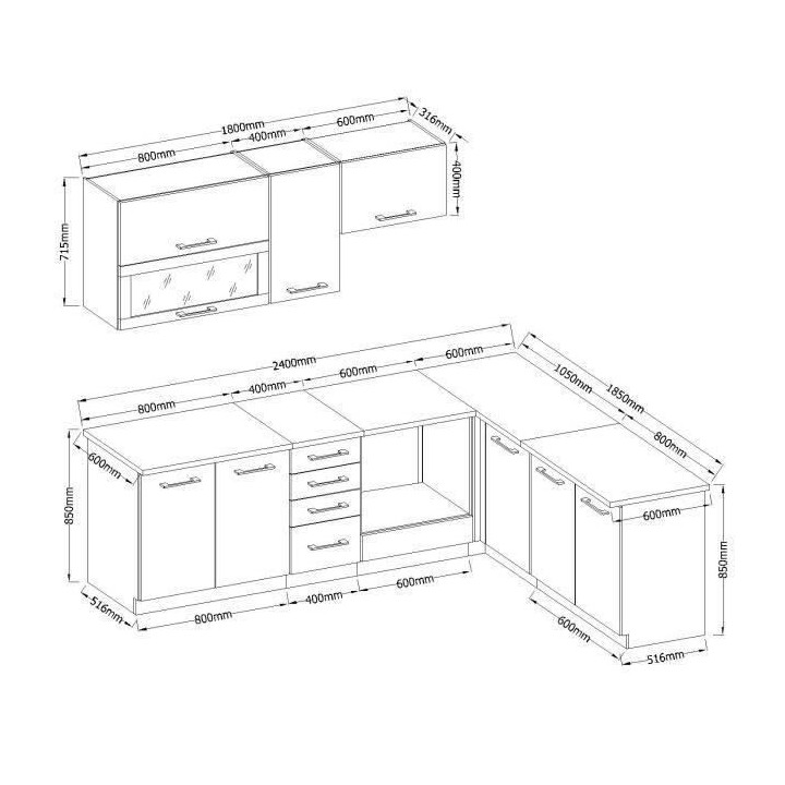LASSEN Cuisine complete d'angle 240x165 cm avec plan de travail - Angl