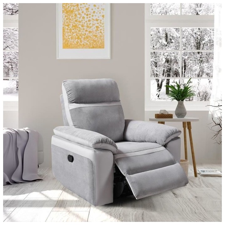 Fauteuil relax manuel - Tissu Gris et Simili Blanc - L 99 x P 93 x H 9