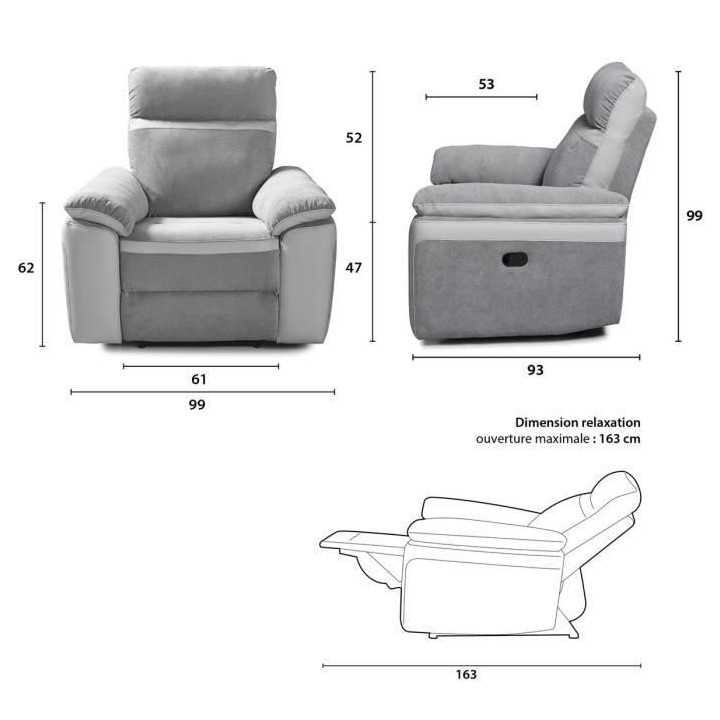 Fauteuil relax manuel - Tissu Gris et Simili Blanc - L 99 x P 93 x H 9