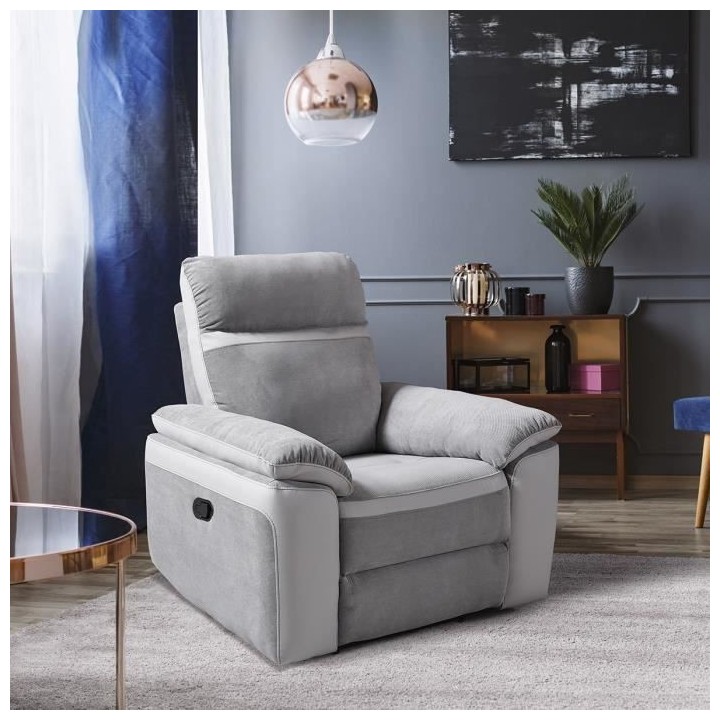 Fauteuil relax manuel - Tissu Gris et Simili Blanc - L 99 x P 93 x H 9