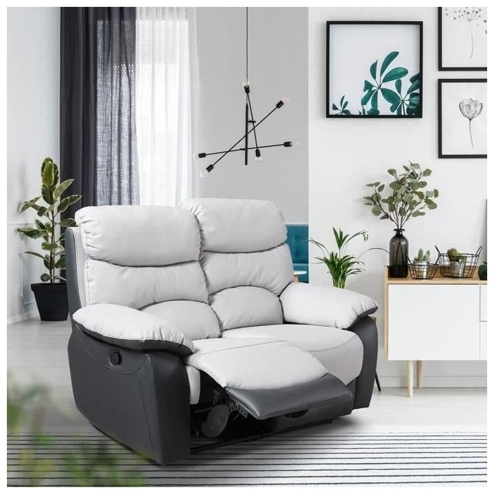 Canapé 2 places relax manuel - Simili Gris clair et Gris foncé - L 1