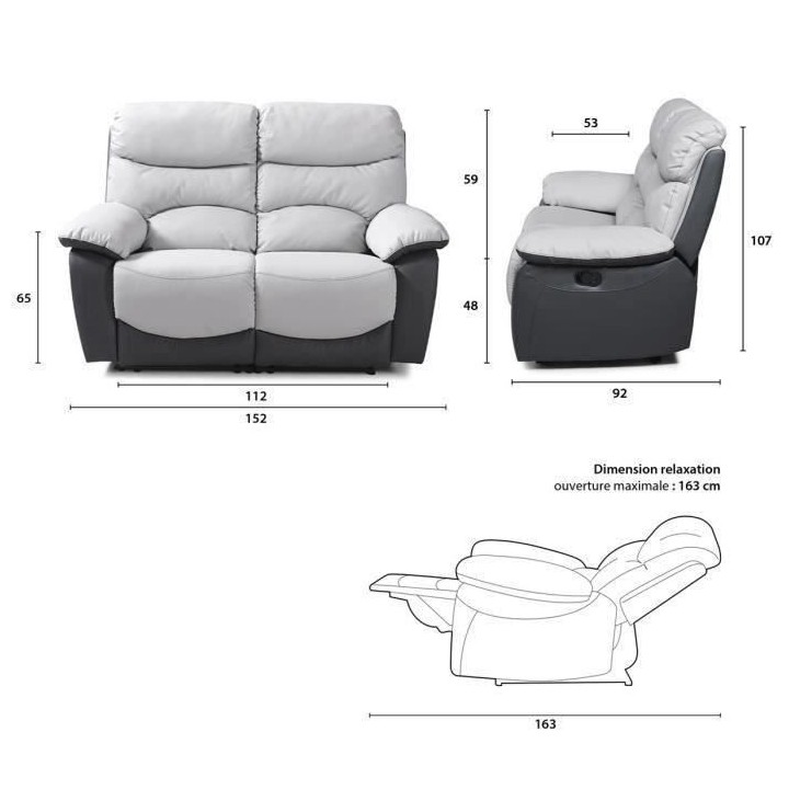 Canapé 2 places relax manuel - Simili Gris clair et Gris foncé - L 1