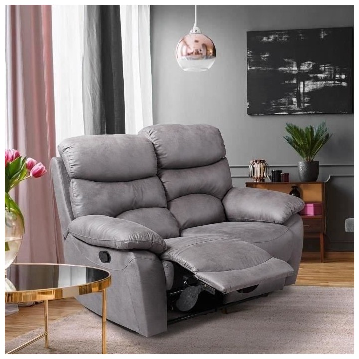 Canapé 2 places relax manuel - Tissu Gris - L 152 x P 92 x H 107 cm -