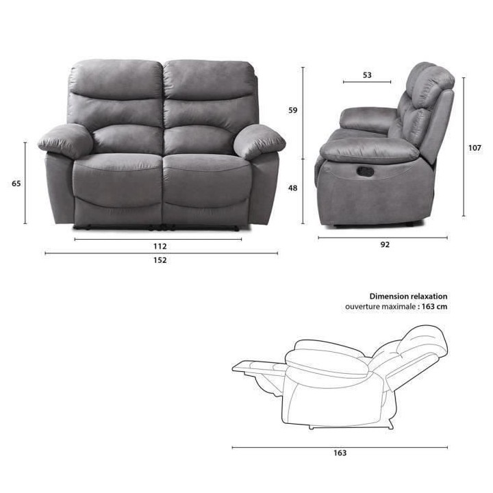 Canapé 2 places relax manuel - Tissu Gris - L 152 x P 92 x H 107 cm -