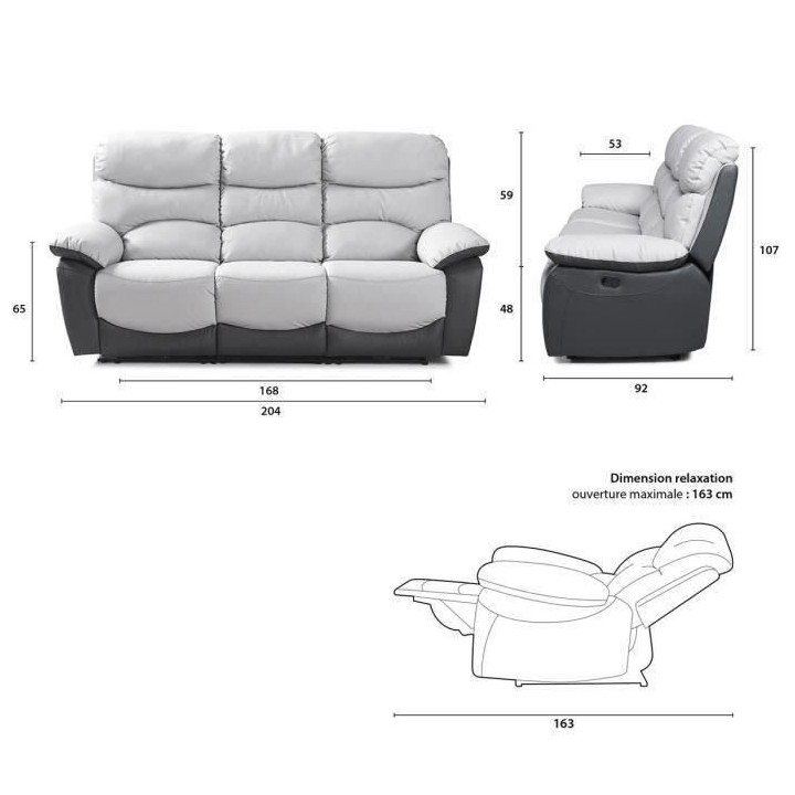 Canapé 3 places relax manuel - Simili Gris clair et Gris foncé - L 2