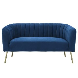 MATHIS Canapé rétro 2 places - Velours bleu et structure bois massif