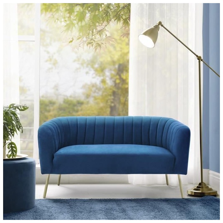 MATHIS Canapé rétro 2 places - Velours bleu et structure bois massif