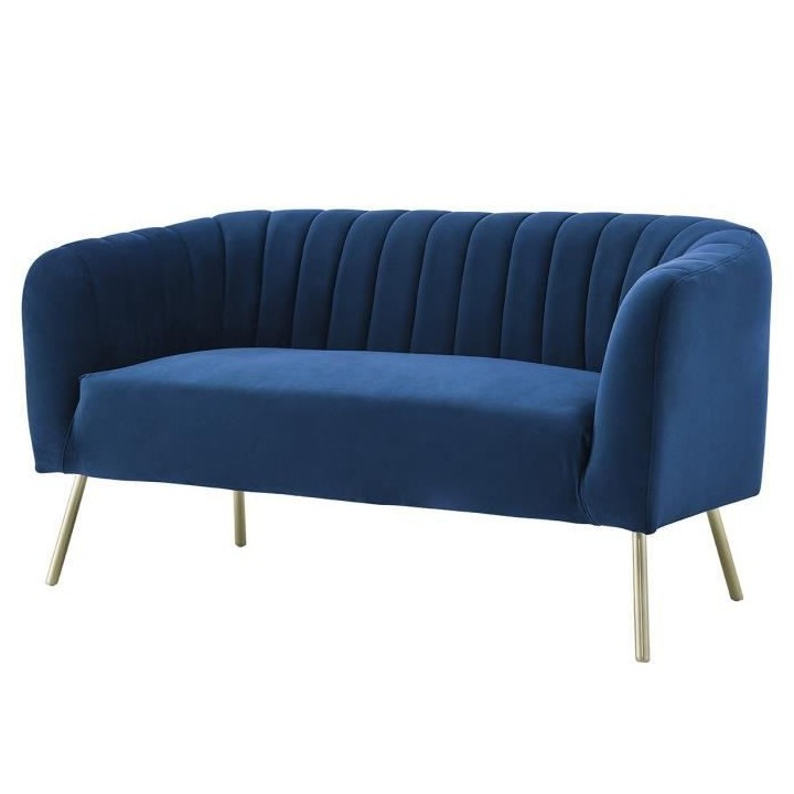 MATHIS Canapé rétro 2 places - Velours bleu et structure bois massif