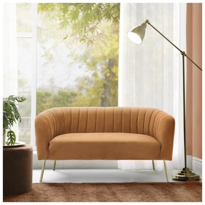 Canapé rétro 2 places - Velours Terra cotta et structure bois massif