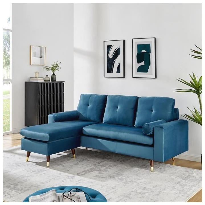 Canapé d'angle fixe réversible - 3 places - Tissu bleu - Pieds bois