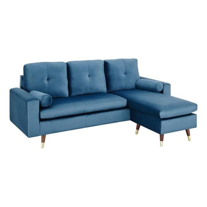 Canapé d'angle fixe réversible - 3 places - Tissu bleu - Pieds bois