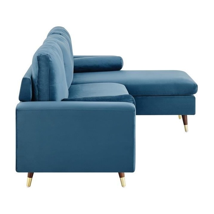 Canapé d'angle fixe réversible - 3 places - Tissu bleu - Pieds bois