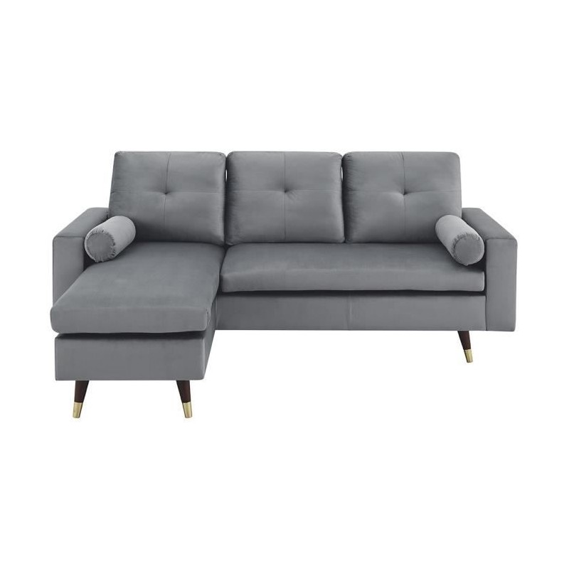 Canapé d'angle fixe réversible - Tissu gris - L 194 x P 139 x H 83 - Pieds bois et doré - NEW YORK