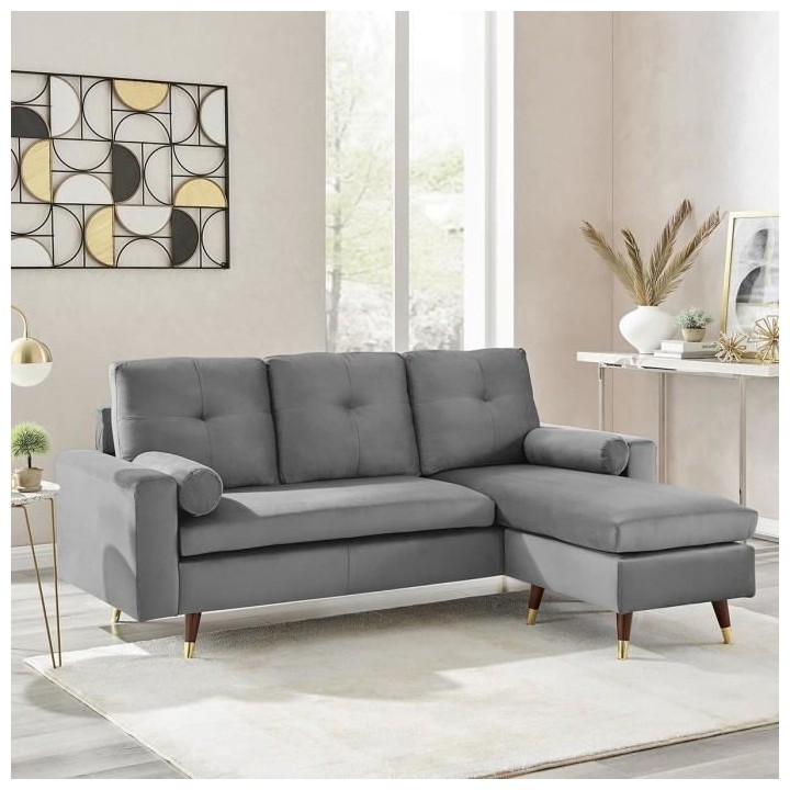 Canapé d'angle fixe réversible - Tissu gris - L 194 x P 139 x H 83 -