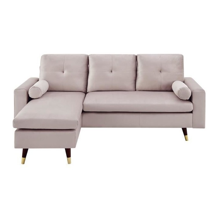 Canapé d'angle fixe réversible - Pieds bois et doré - Tissu rose -