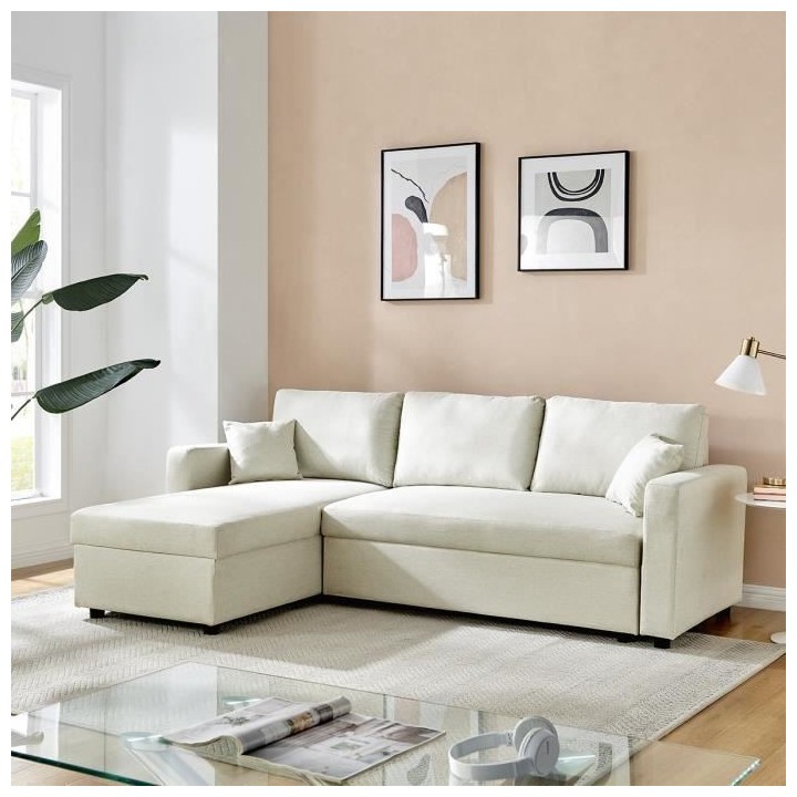 Canapé d'angle fixe + 2 coussins - 3 places - Tissu Beige - L 228 x P