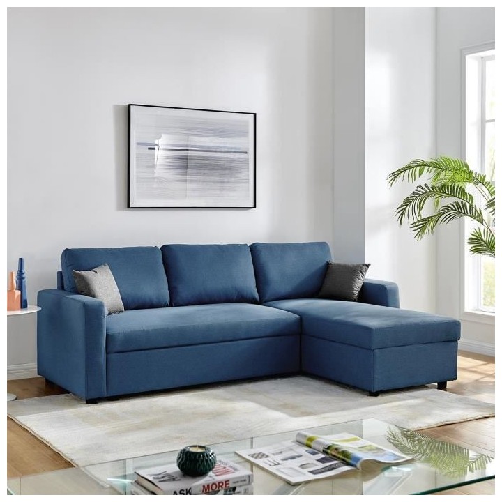 Canapé d'angle fixe + 2 coussins - Tissu Bleu - L 228 x P 148 x H 86