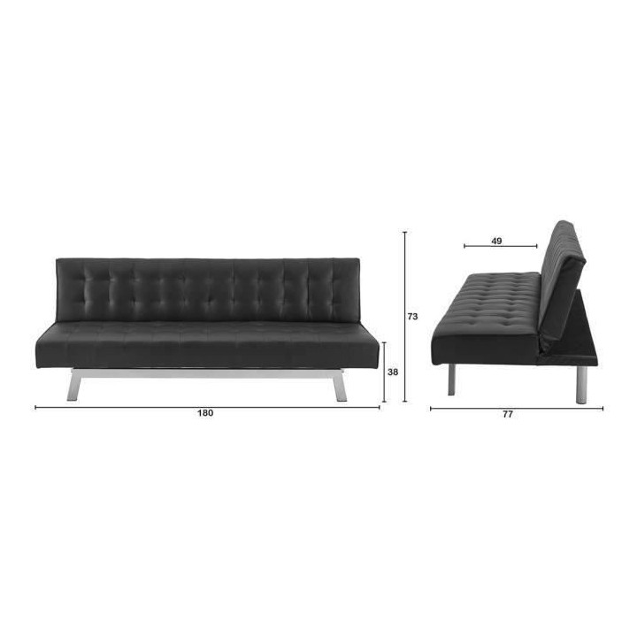 INES Banquette Clic-Clac 3 places contemporain - Simili noir - L 180 x