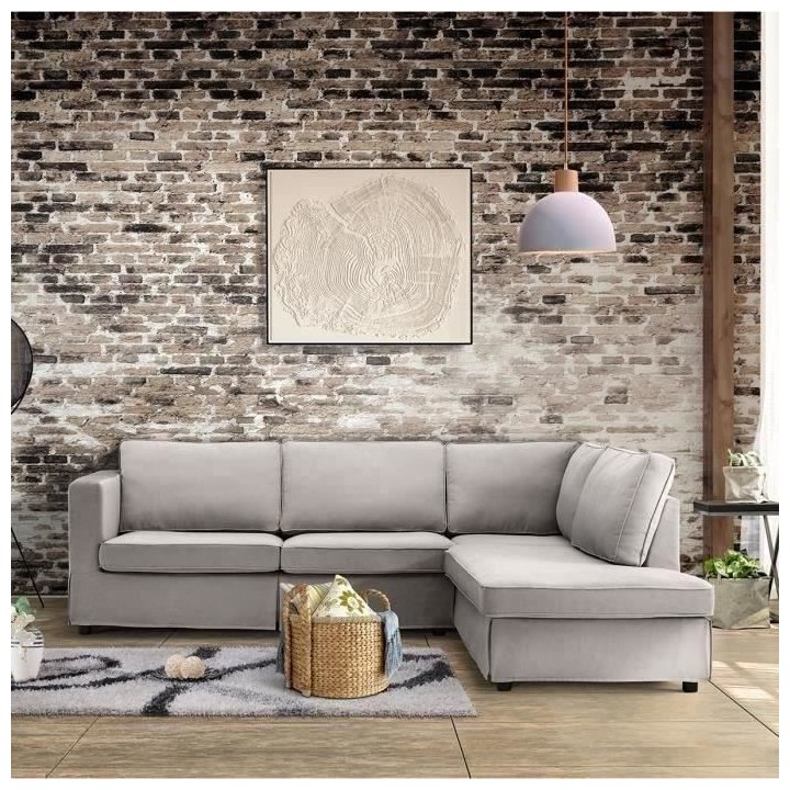 Canapé d'angle droit contemporain 3/4 places - Tissu gris - Pieds en