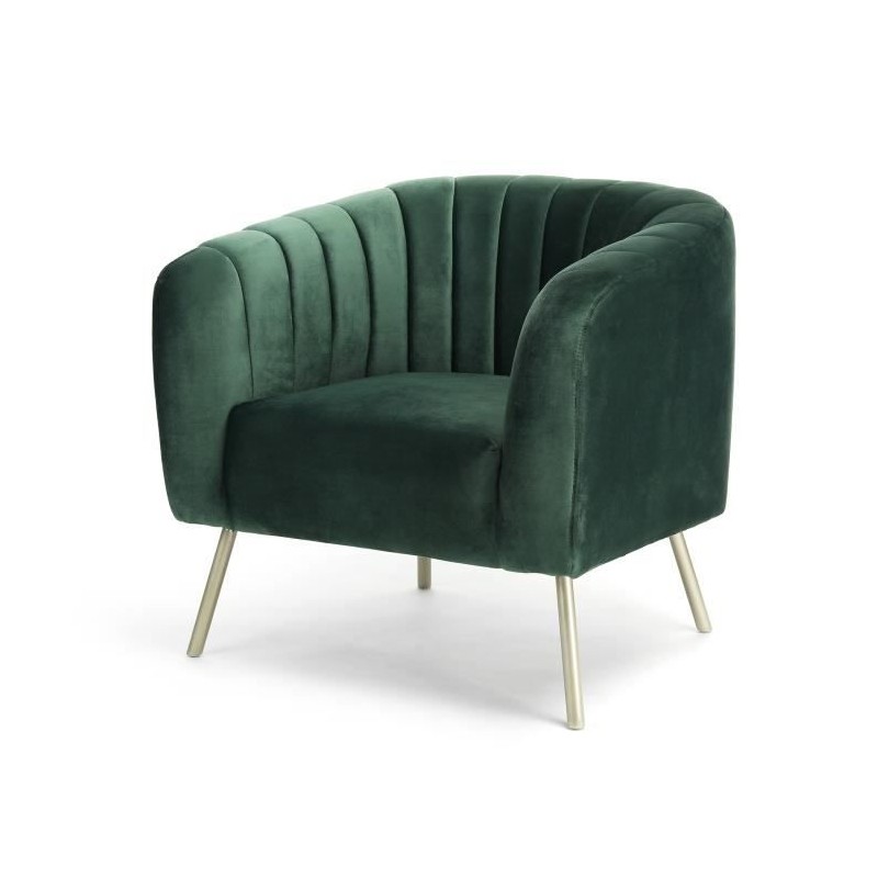 MATHIS Fauteuil rétro - Velours vert, structure en bois massif et pieds dorés - L 79 x P 70 x H 71 cm