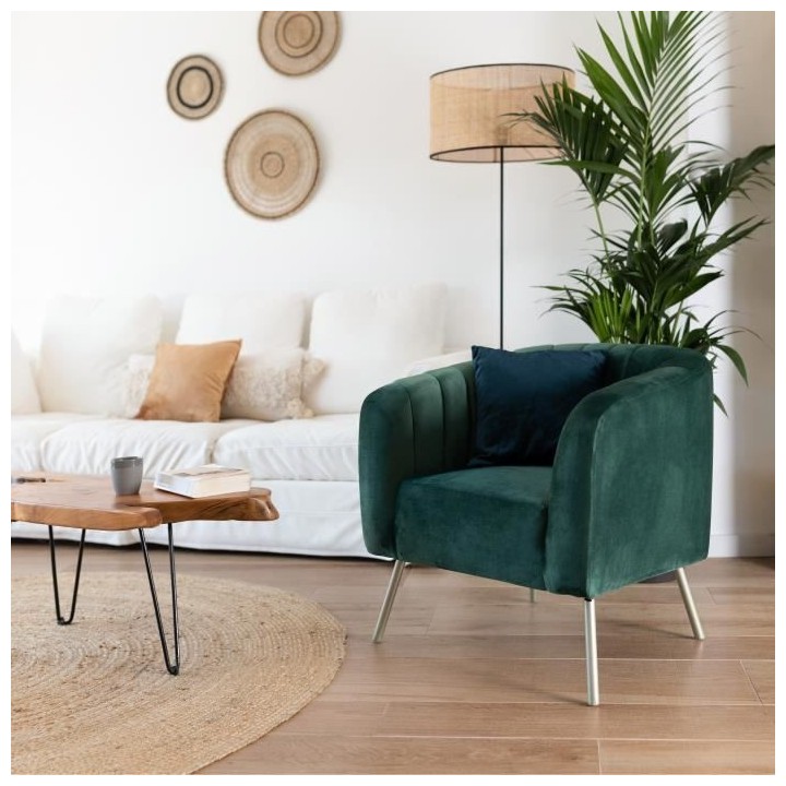 MATHIS Fauteuil rétro - Velours vert, structure en bois massif et pie