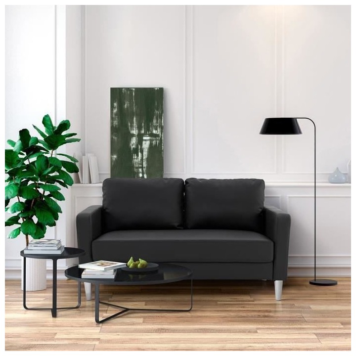 Canapé 2 places - Simili Noir - Style essentiel - L 150 x P 80 x H 85