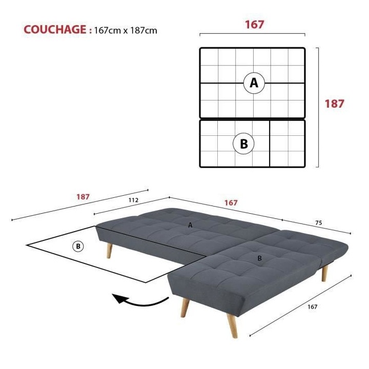 Canapé d'angle Clic-clac réversible 3 places SANDRO -Tissu - Gris fo