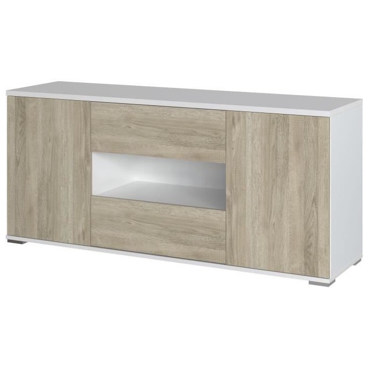 Meuble TV STAR - 2 Portes et 2 Tiroirs - Mélamine Blanc et chene - L