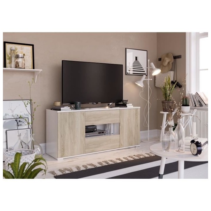 Meuble TV STAR - 2 Portes et 2 Tiroirs - Mélamine Blanc et chene - L