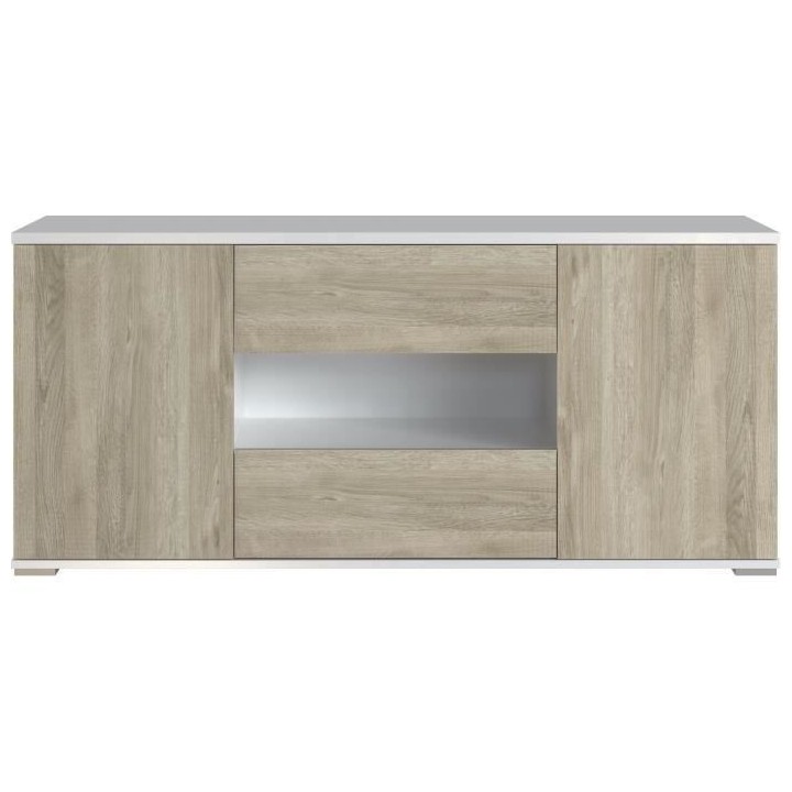 Meuble TV STAR - 2 Portes et 2 Tiroirs - Mélamine Blanc et chene - L