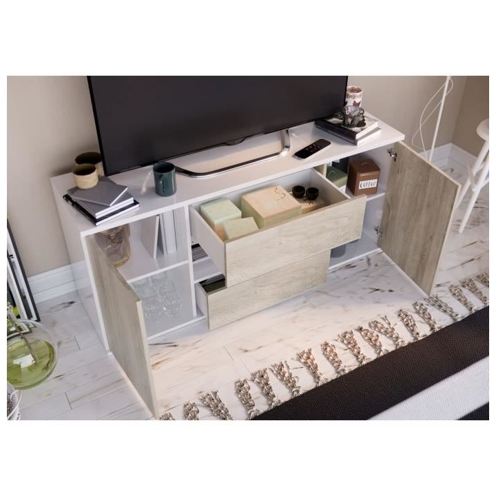 Meuble TV STAR - 2 Portes et 2 Tiroirs - Mélamine Blanc et chene - L