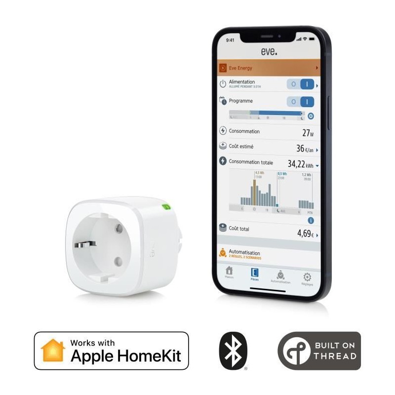 Prise intelligente EVE ENERGY - Compteur de consommation - Programmes intégrés - Technologie Apple HomeKit Bluetooth Thread