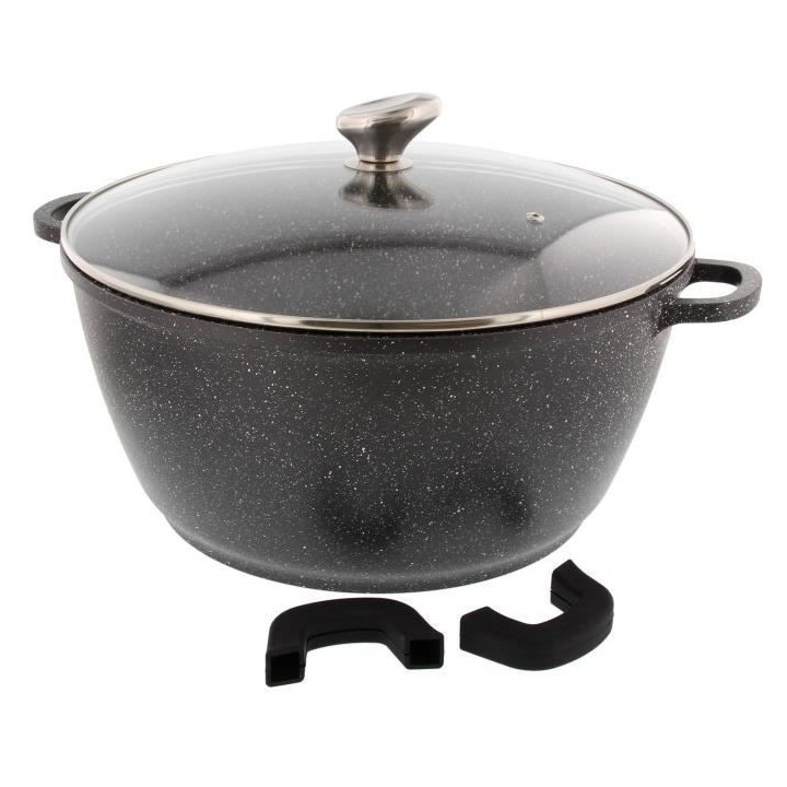 Faitout Ø 36 cm Façon pierre + couvercle en verre + 2 Maniques silic