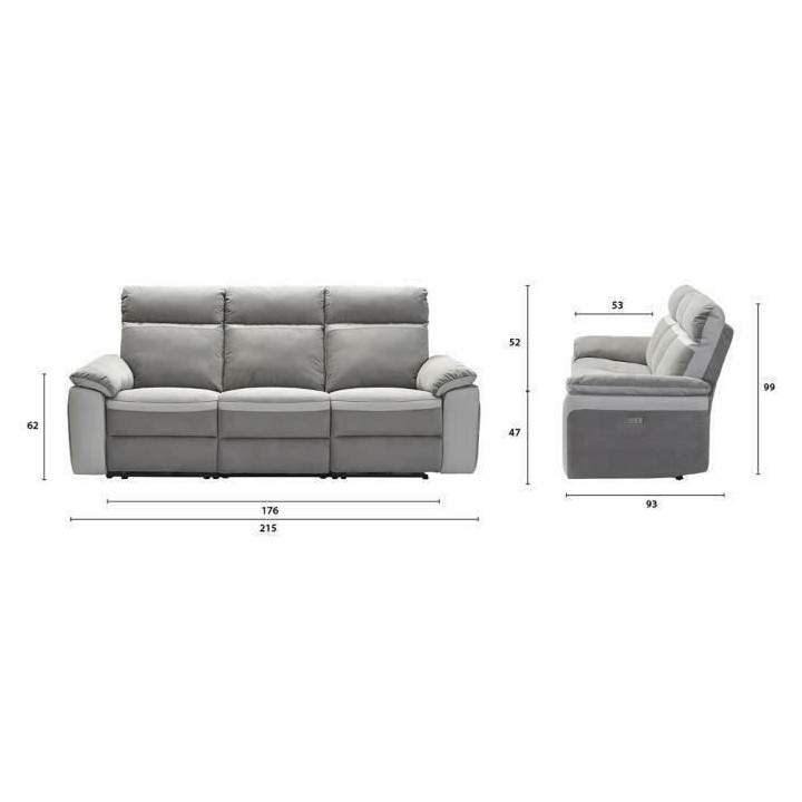 Canapé relaxation électrique - 3 places - Tissu gris et anthracite -
