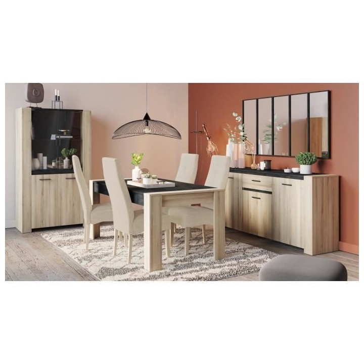 Ensemble Enfilade 4 portes + Vitrine 2 portes + Table L 170 cm SHEFFIE