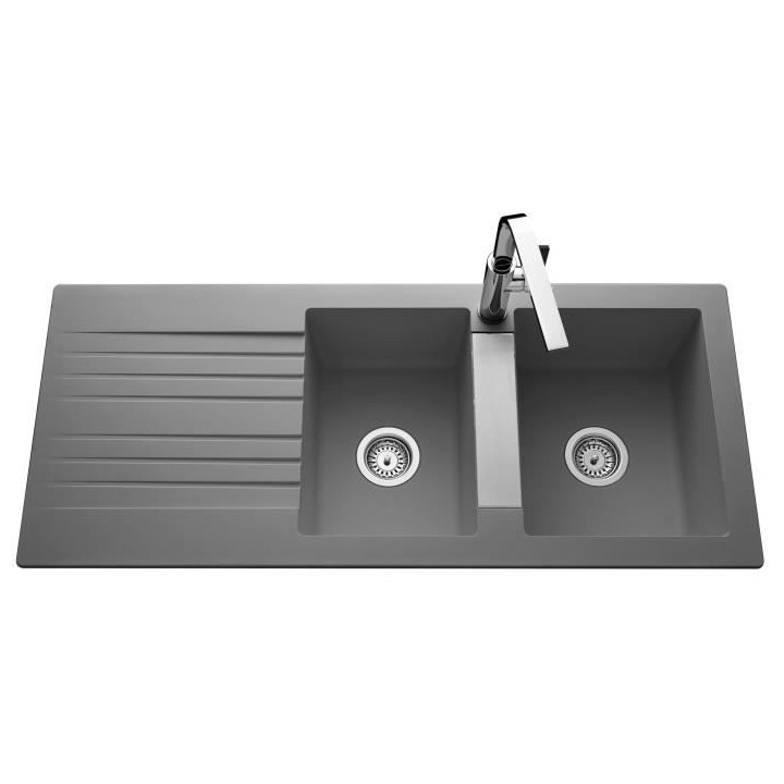 EWI Evier cuisine a encastrer 2 bacs + 1 égouttoir Soledad - Résine